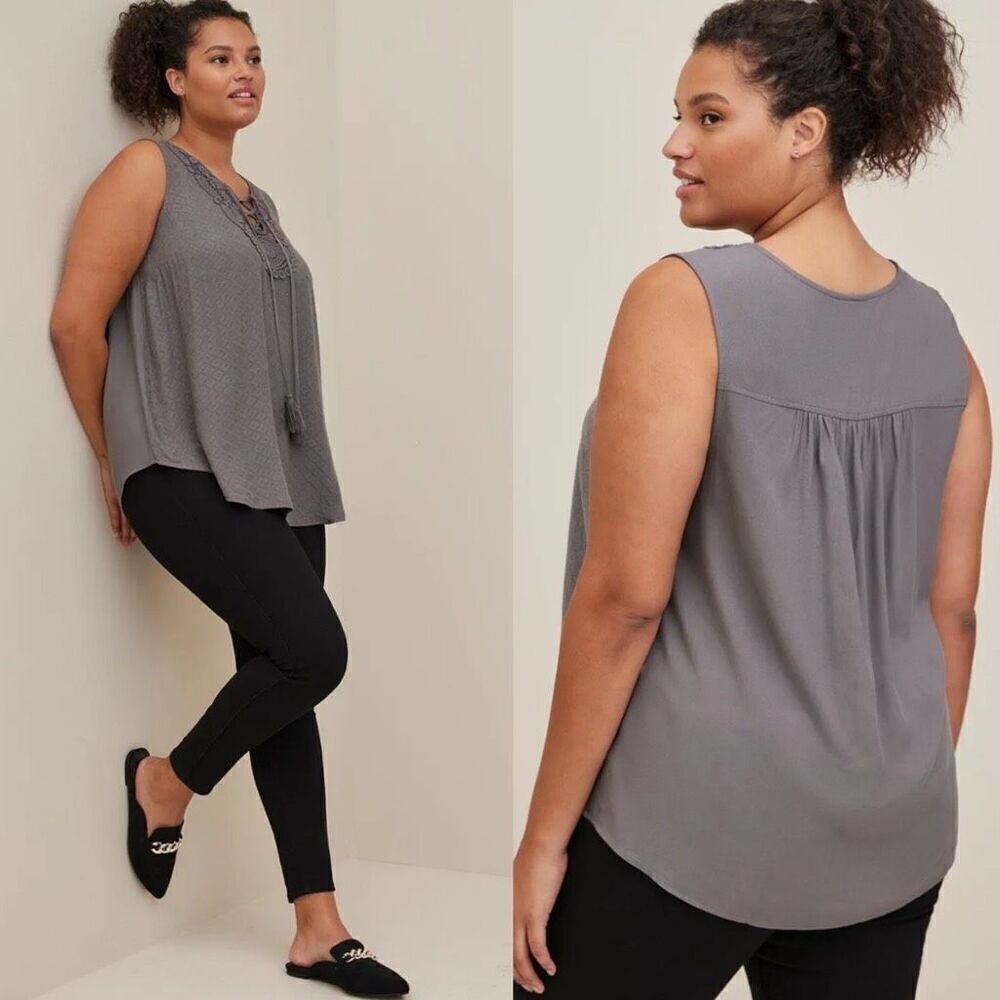 Torrid Gray Textured Woven Crochet Lace-up Tank 1X